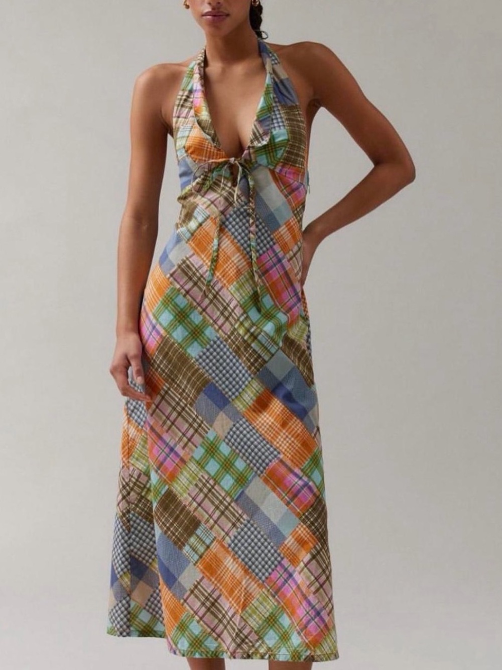 Urban Outfitters Multicolor Plaid Halter Maxi Dress